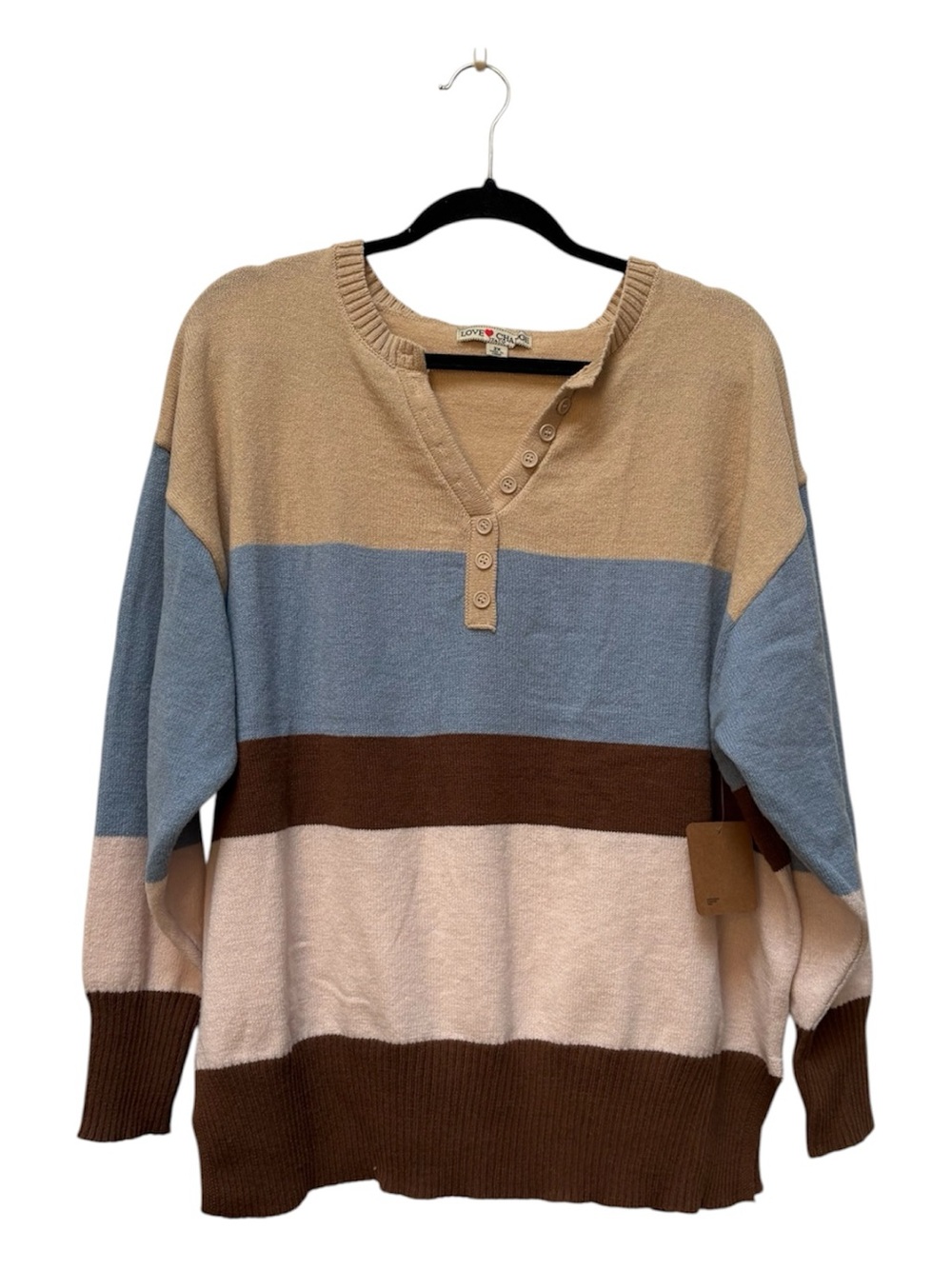 Love Change Striped Colorblock Henley Sweater Beige Blue Brown Knit Top Size 2XL - Picture 3 of 7